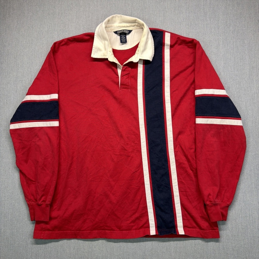 Vintage Lands End Rugby Shirt Mens XL Blue Red Striped Pullover Heavyweight